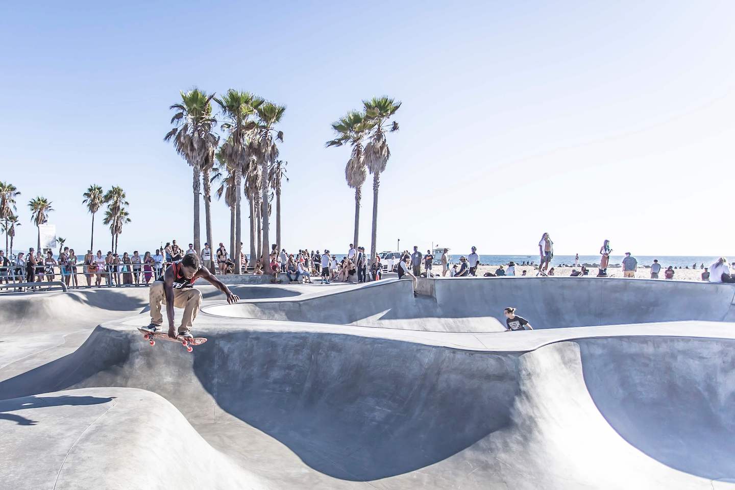 A skateboarder does a grab trick in a bowl-shaped skate park. In the background is a watching crowd, palm trees, and the ocean.
